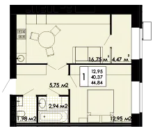 Планировка: 1-комн. квартира 42.61 м² в новостройке Белые Росы