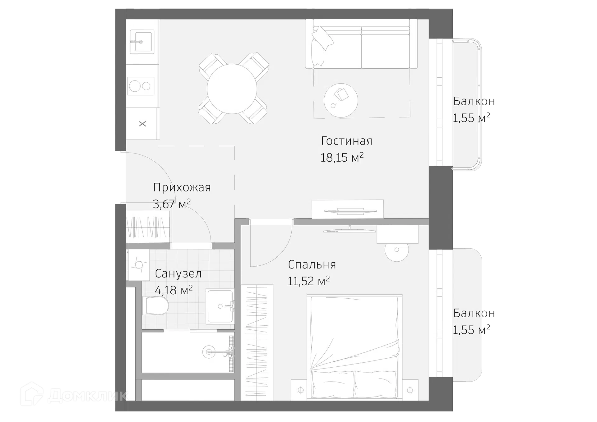 Планировка: 2-комн. квартира 40.62 м² в новостройке Реликт