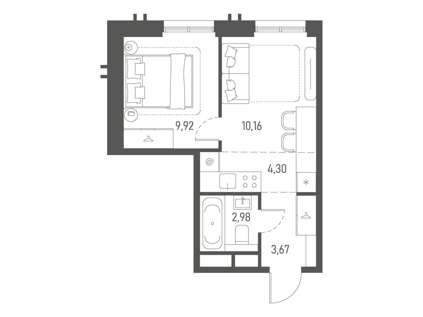 Планировка: 1-комн. квартира 31.03 м² в новостройке Индиво