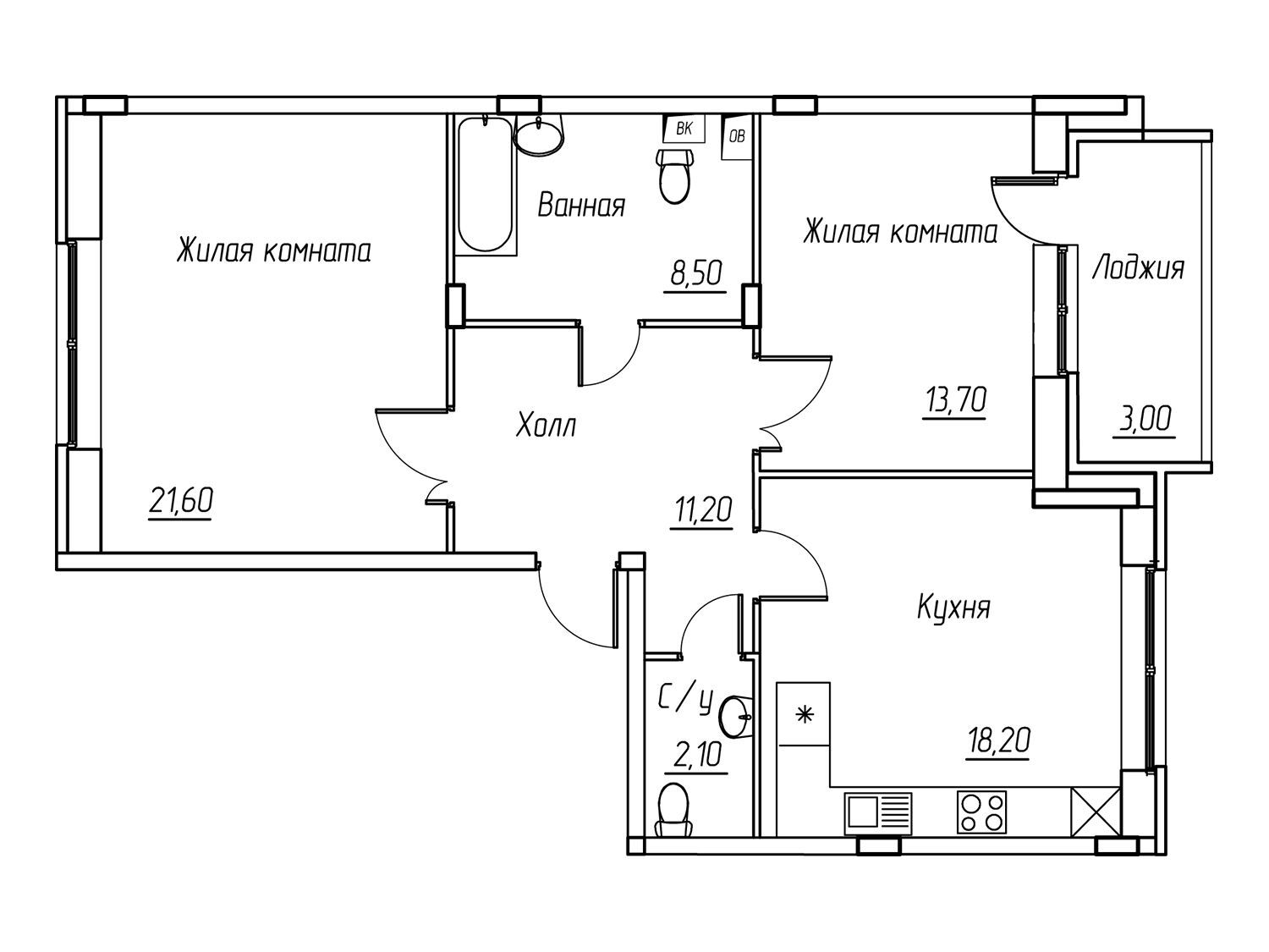 Планировка: 2-комн. квартира 79.20 м² в новостройке ЖК Ангелово-Резиденц