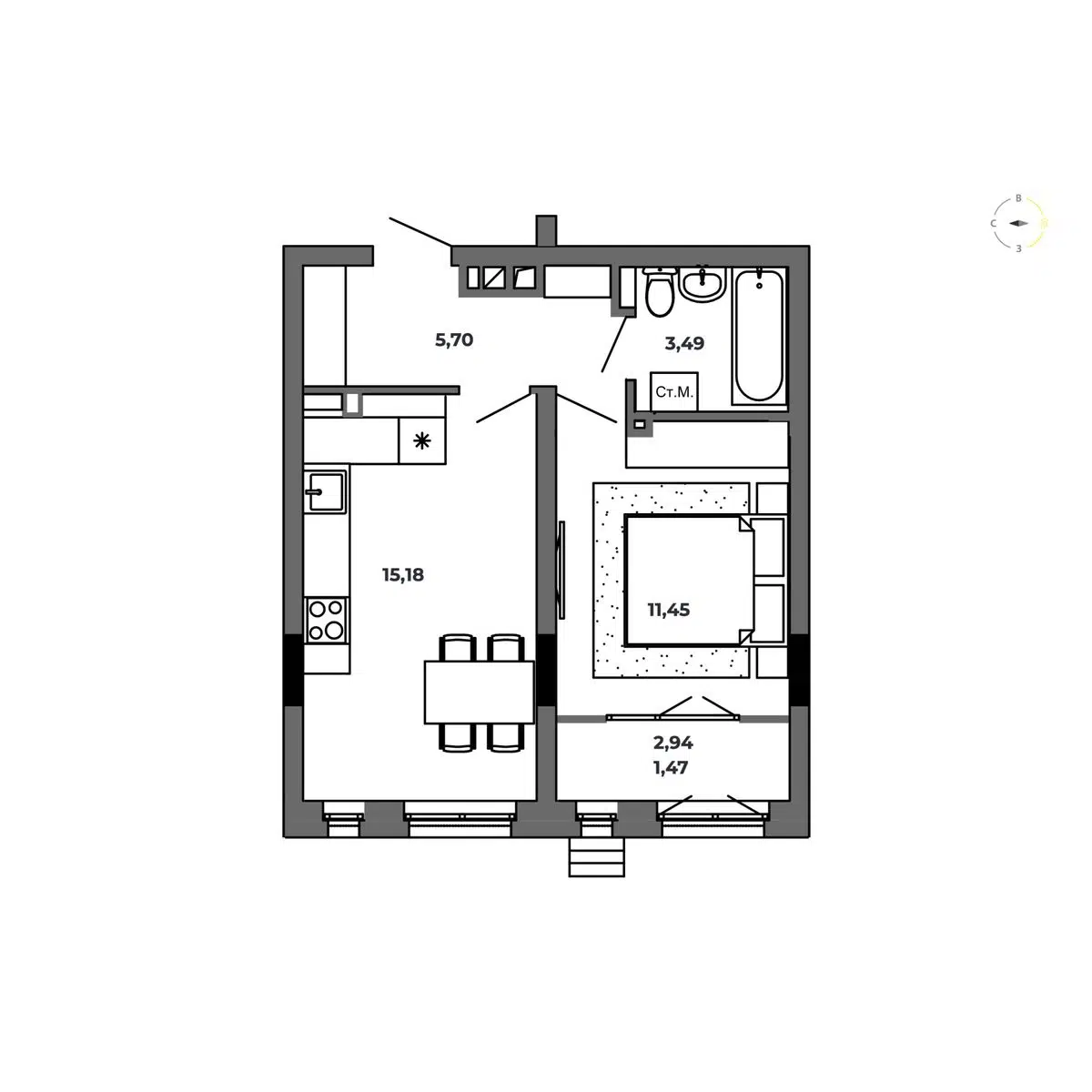 Планировка: 1-комн. квартира 37.29 м² в новостройке Красный Пахарь