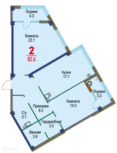 Планировка: 2-комн. квартира 82.60 м² в новостройке Красный Металлист