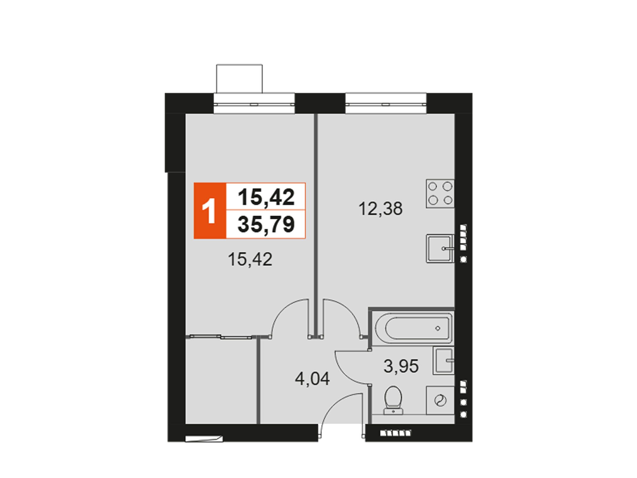 Планировка: 1-комн. квартира 35.79 м² в новостройке Мартемьяново Клаб