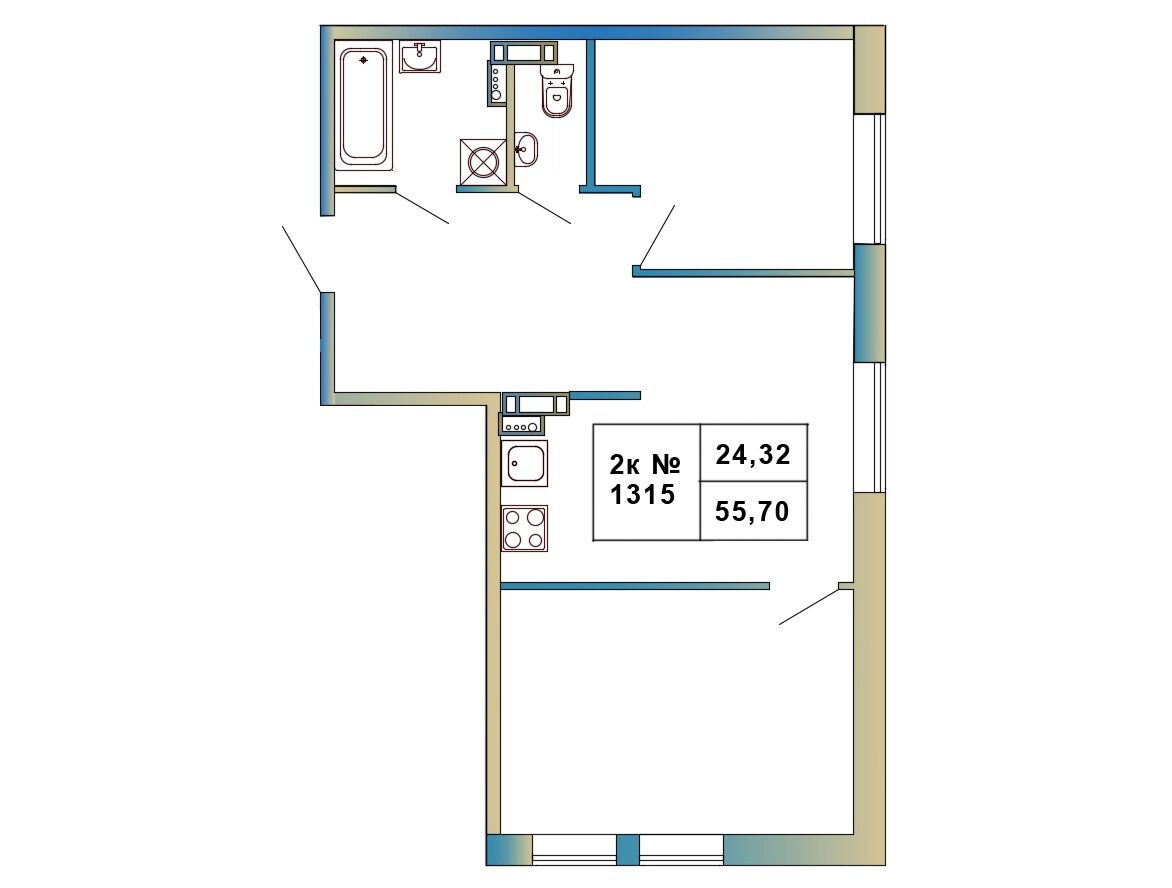Планировка: 2-комн. квартира 55.70 м² в новостройке Атмосфера Выборга