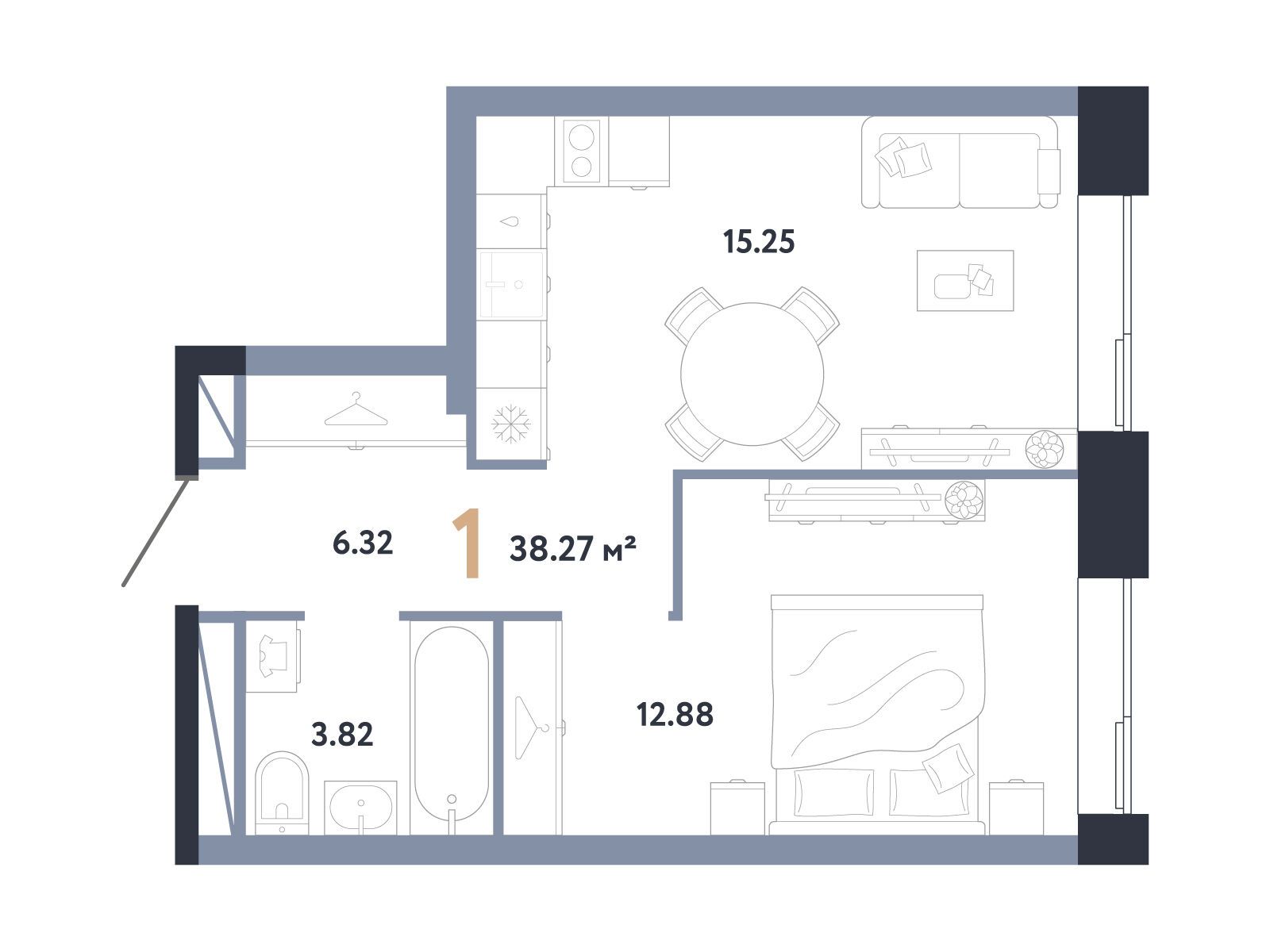 Планировка: 1-комн. квартира 38.27 м² в новостройке Репаблик