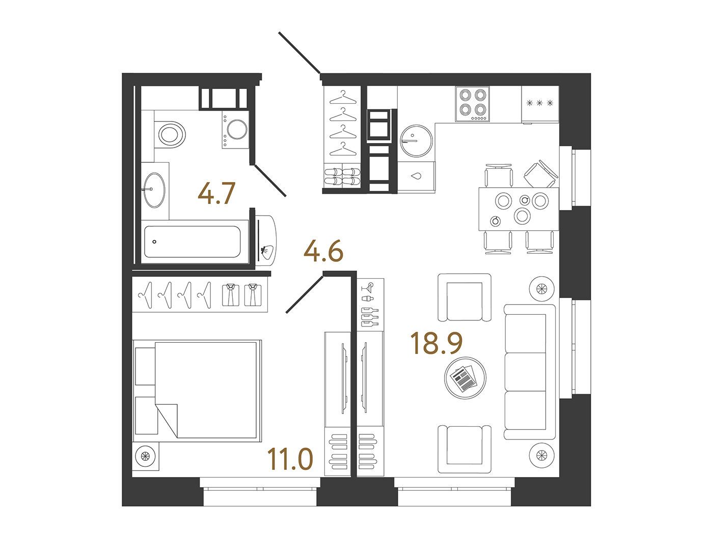 Планировка: 1-комн. квартира 39.50 м² в новостройке Куинджи