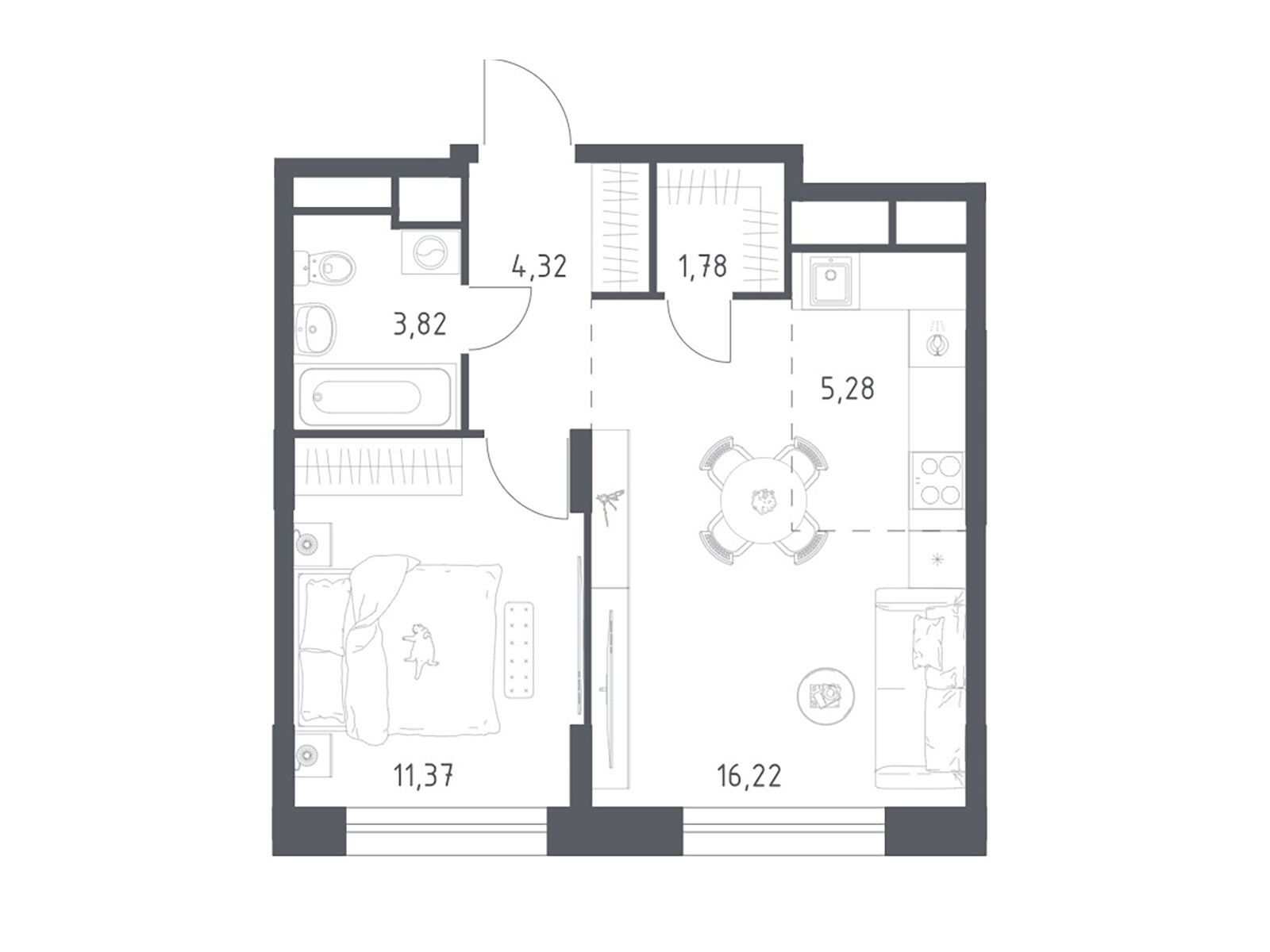 Планировка: 1-комн. квартира 42.30 м² в новостройке ЖК Новоград Павлино