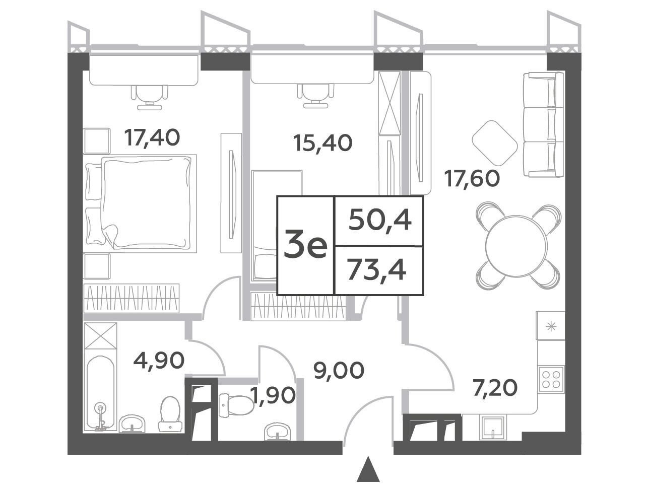 Планировка: 3-комн. квартира 73.40 м² в новостройке Вилл Тауэрс