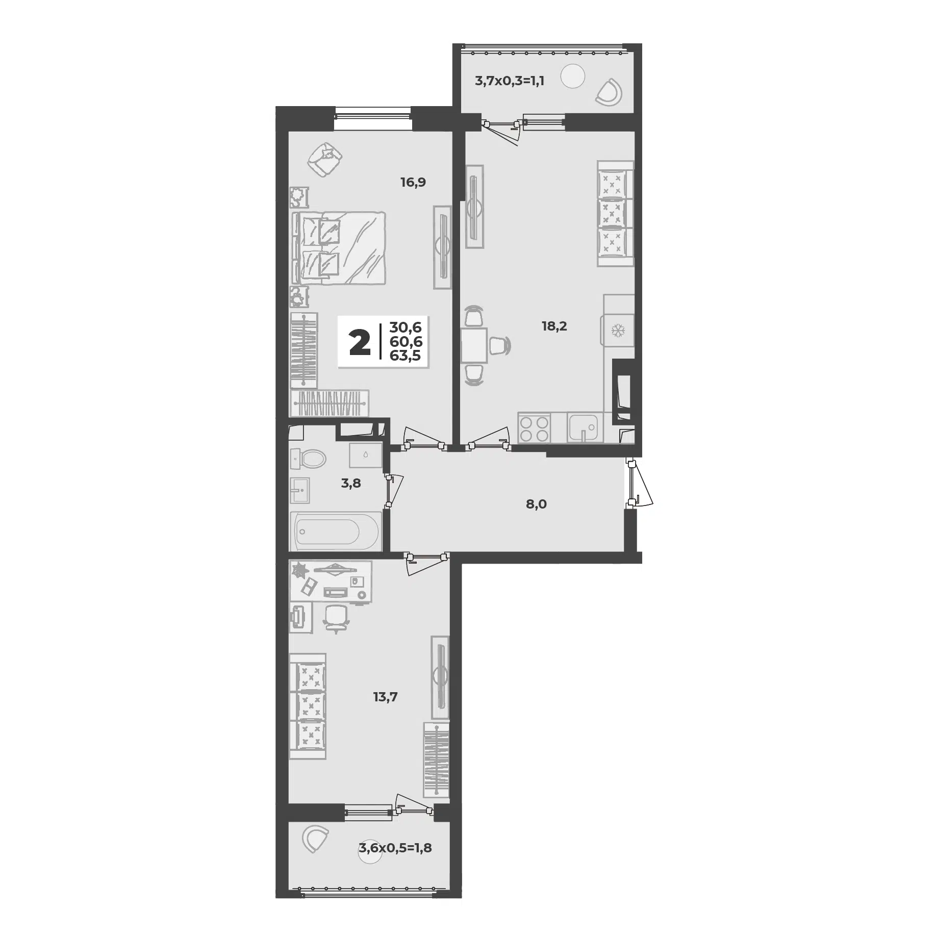 Планировка: 2-комн. квартира 63.50 м² в новостройке ЖК Лето