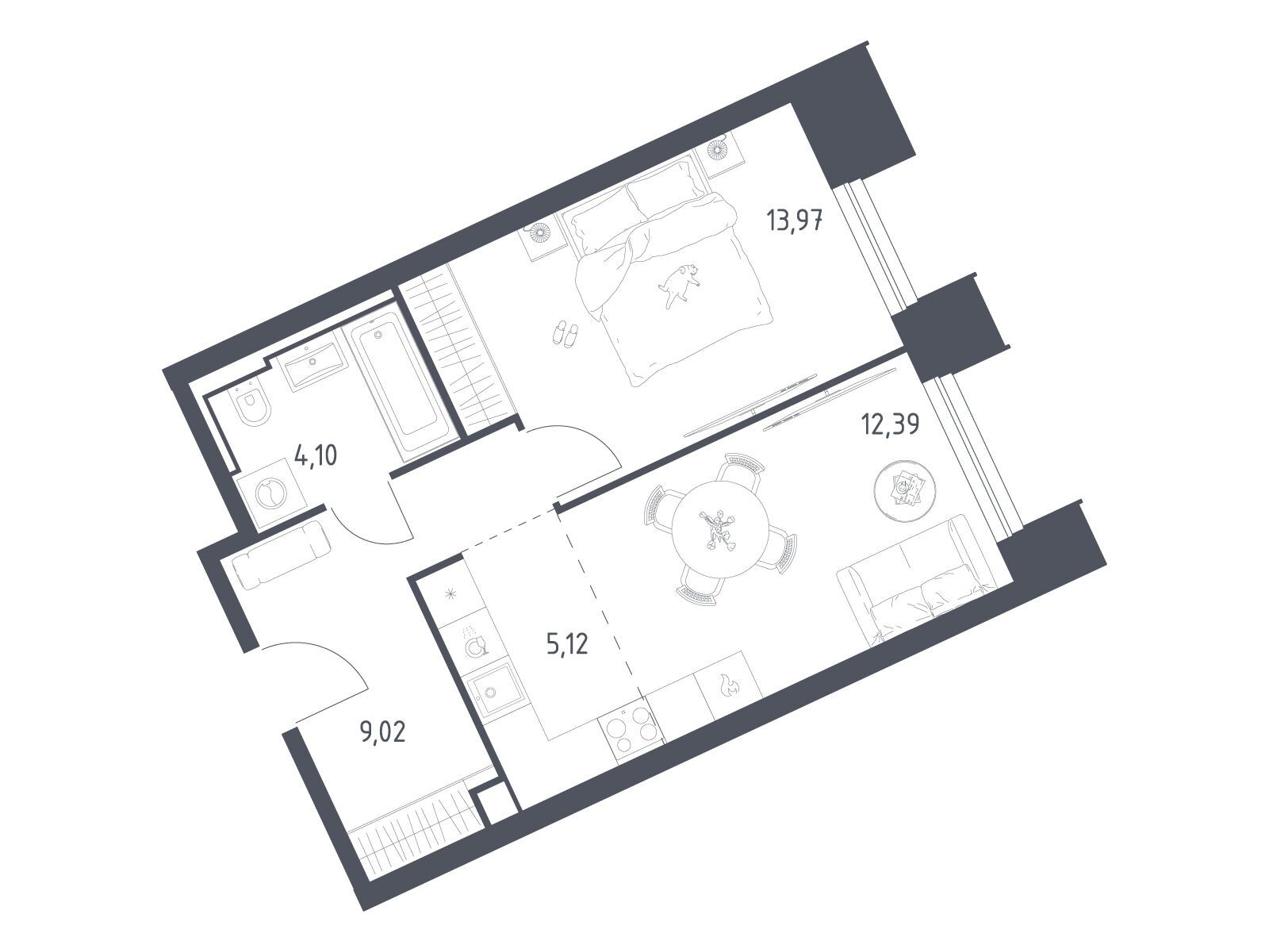 Планировка: 1-комн. квартира 44.63 м² в новостройке Скай Спутник