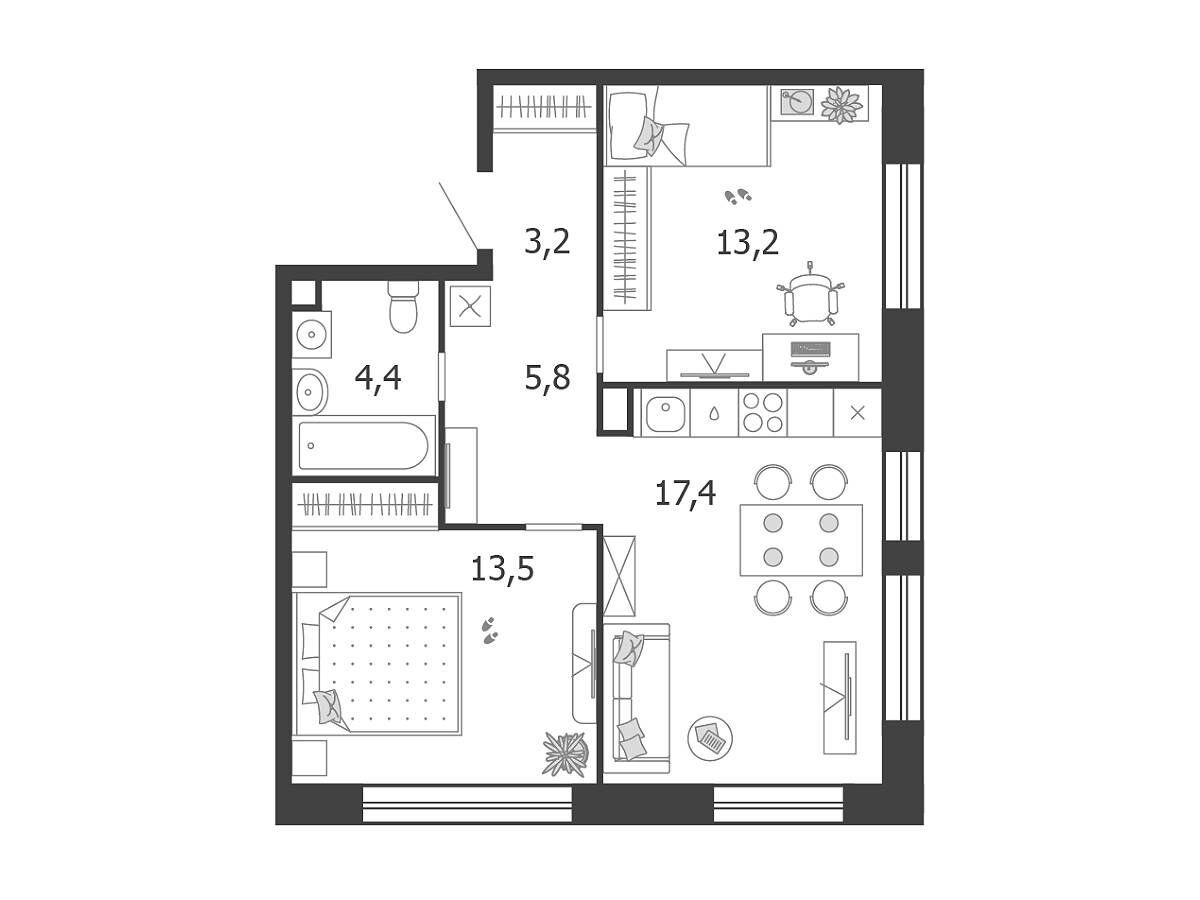 Планировка: 2-комн. квартира 57.60 м² в новостройке Шагал