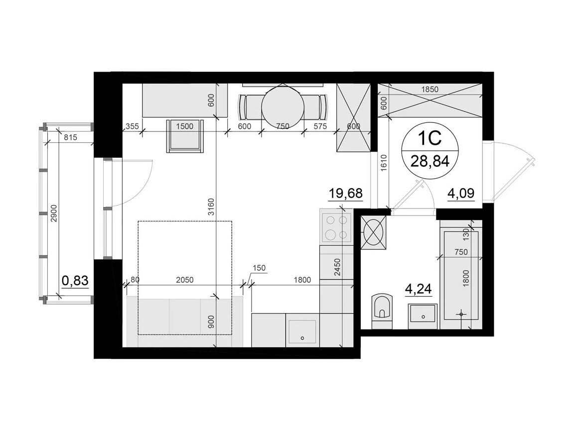 Планировка: 1-комн. квартира 28.84 м² в новостройке Олива