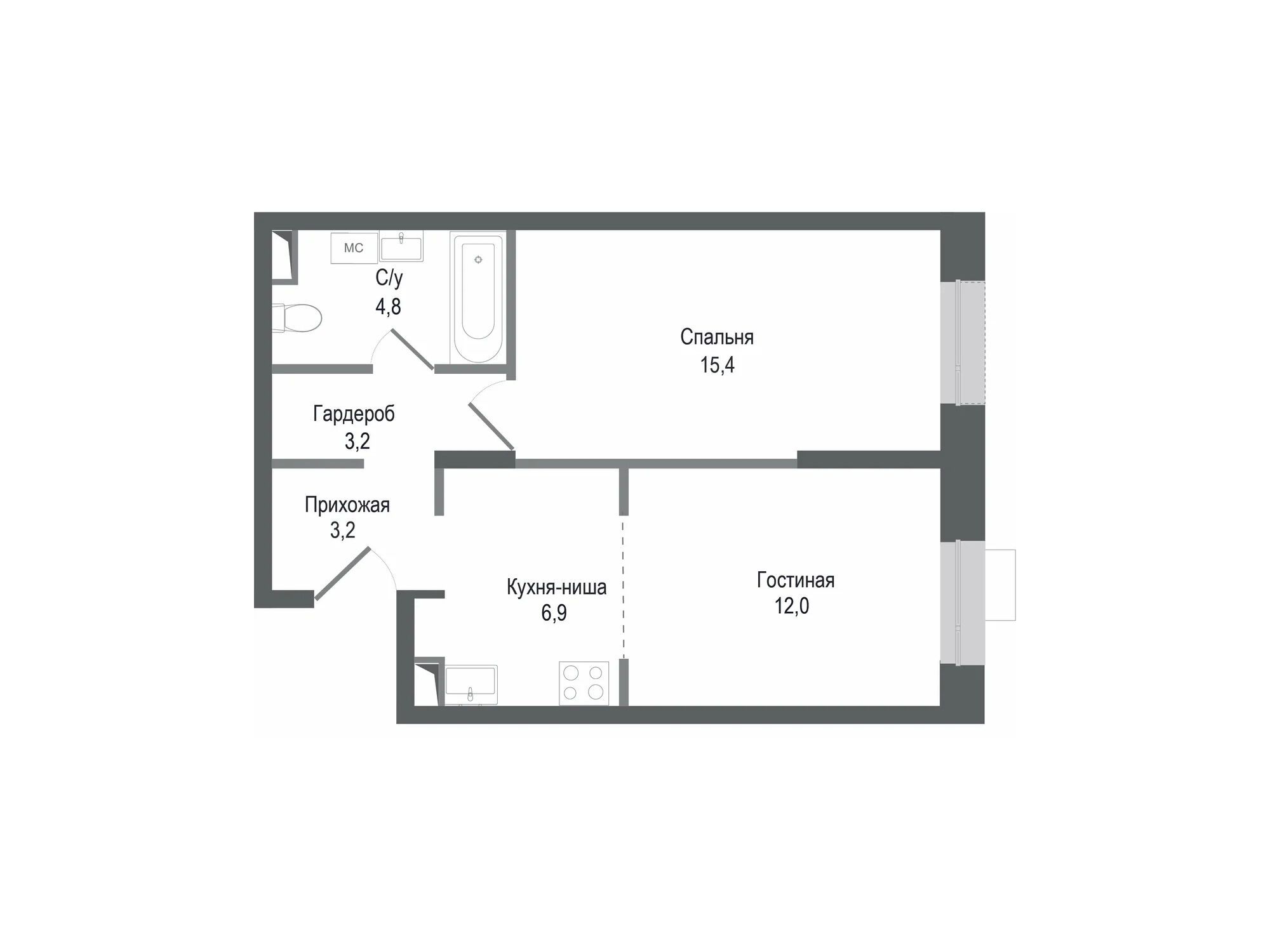 Планировка: 2-комн. квартира 45.50 м² в новостройке Киноквартал
