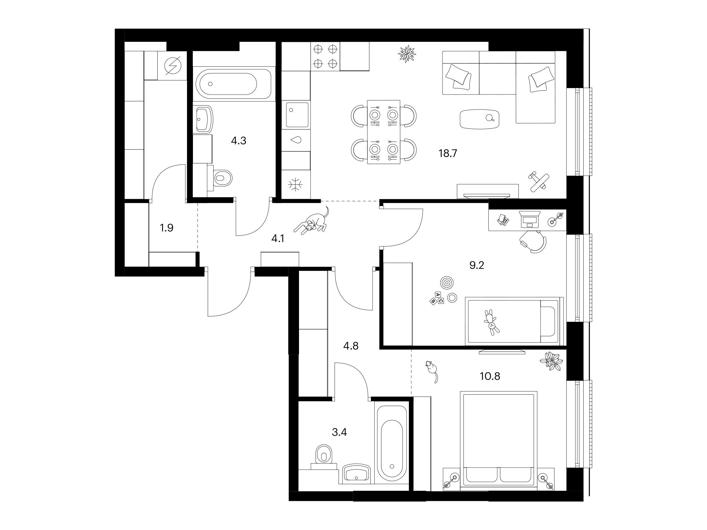 Планировка: 2-комн. квартира 62.10 м² в новостройке Москворечье