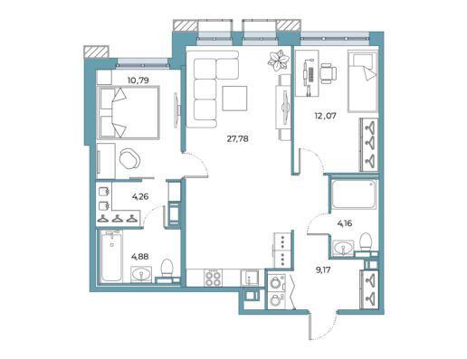 Планировка: 2-комн. квартира 72.35 м² в новостройке Взлетная 16