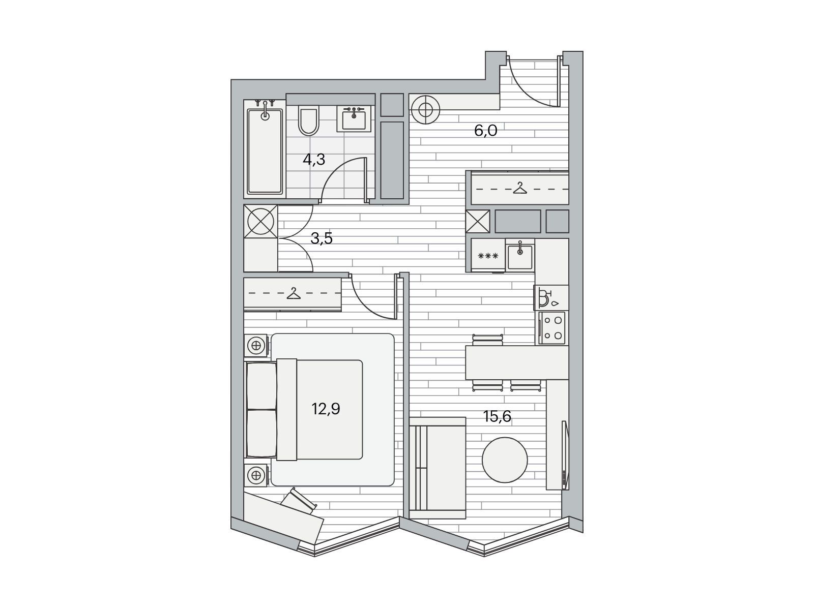 Планировка: 1-комн. квартира 42.60 м² в новостройке Береговой-2