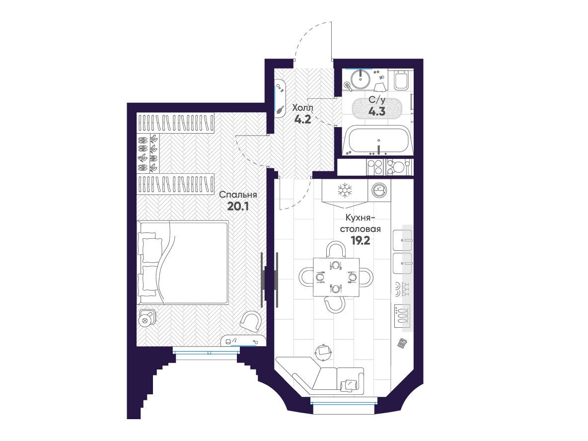 Планировка: 1-комн. квартира 47.80 м² в новостройке Мариинка Делюкс