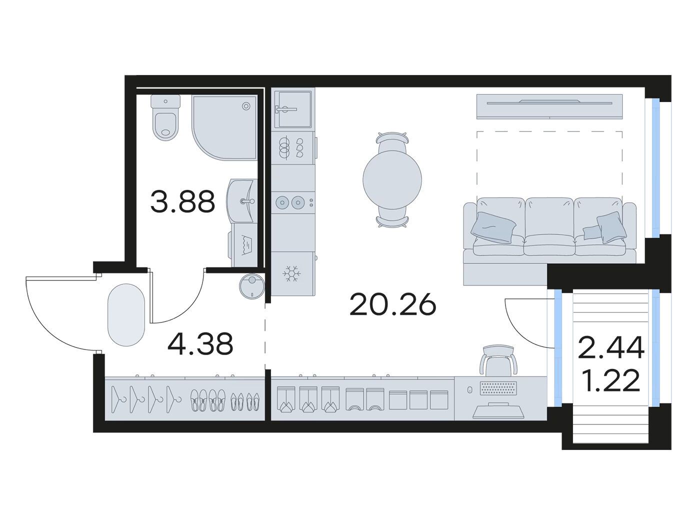 Планировка: Студия 29.80 м² в новостройке Глоракс Парголово