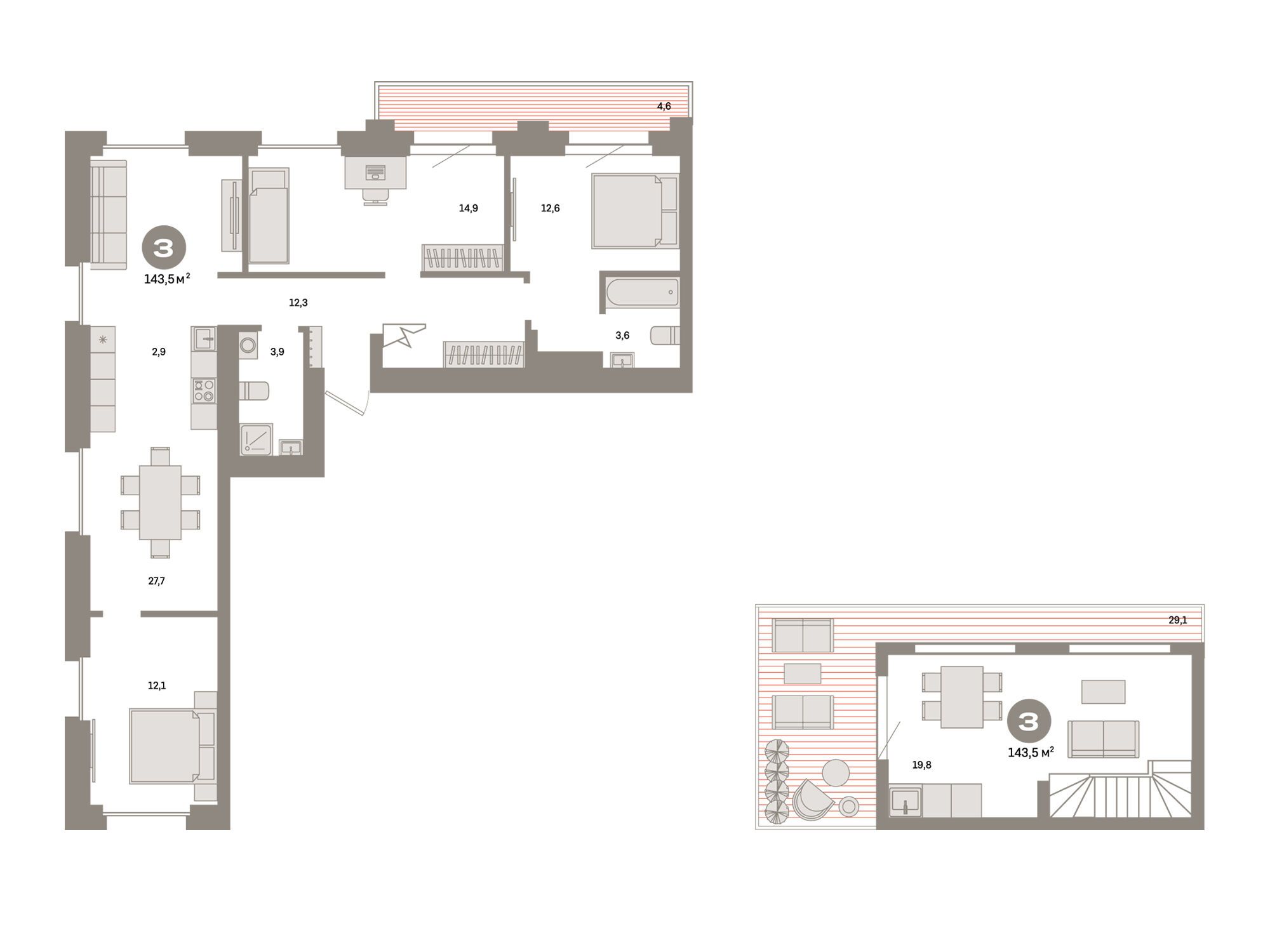 Планировка: 3-комн. квартира 143.50 м² в новостройке Метроном