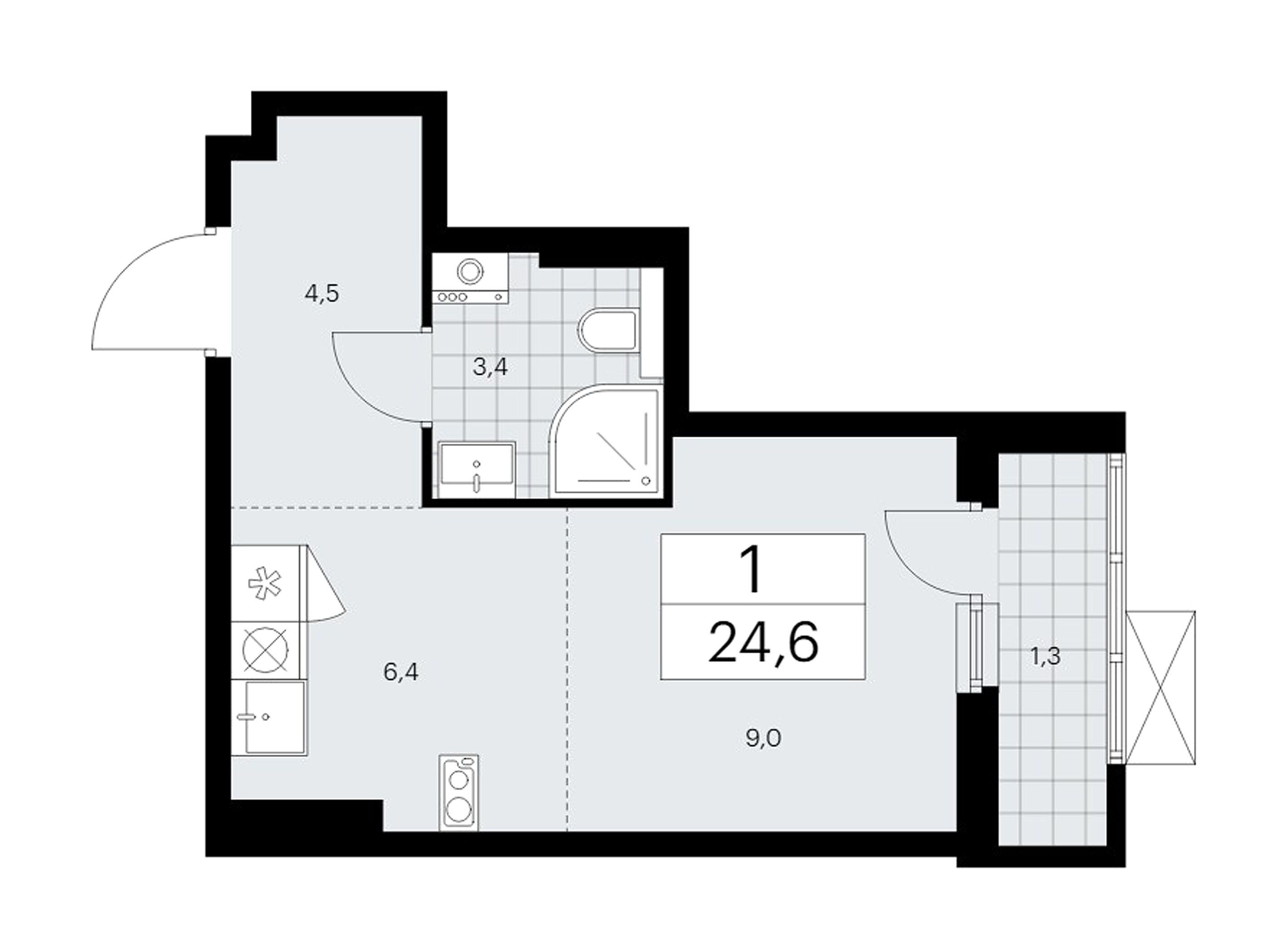 Планировка: Студия 24.70 м² в новостройке Бунинские кварталы