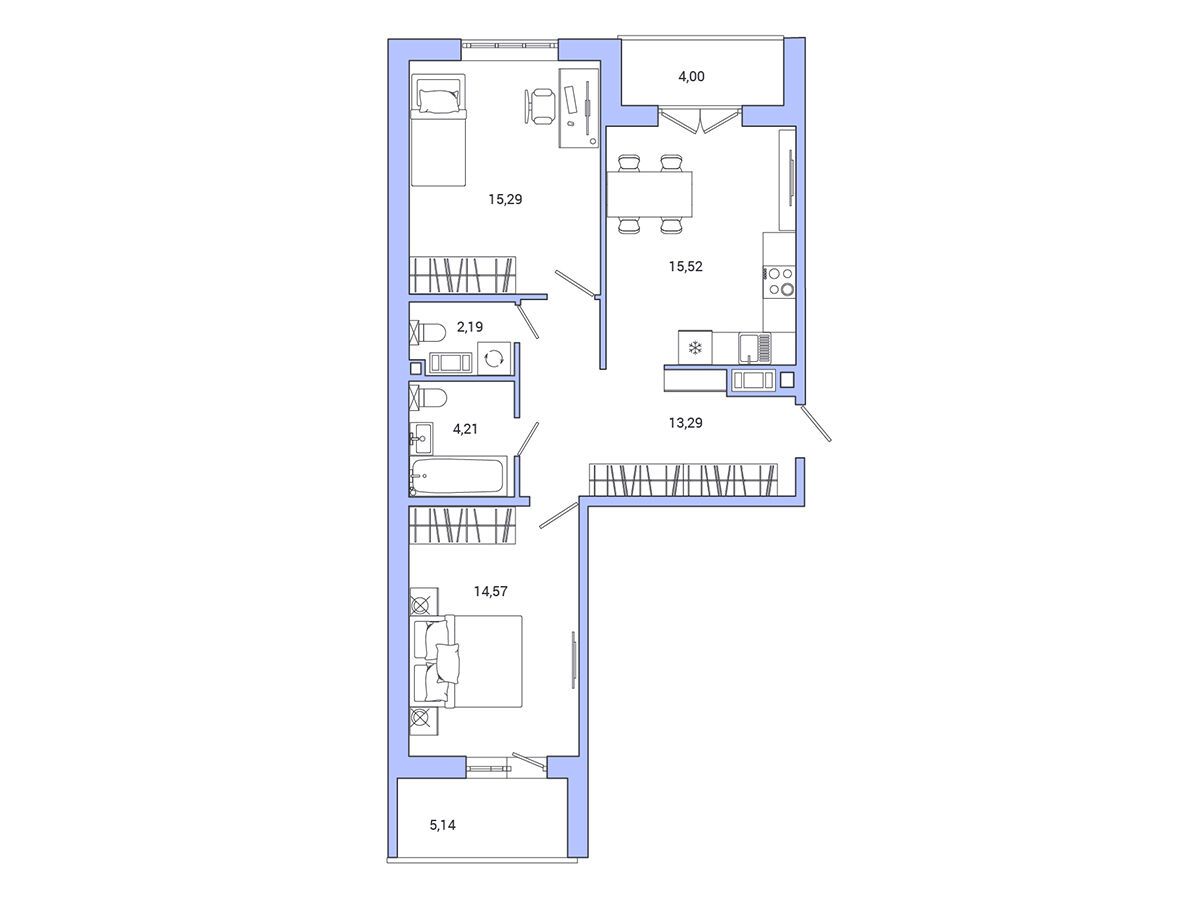 Планировка: 2-комн. квартира 69.50 м² в новостройке АйКью Гатчина