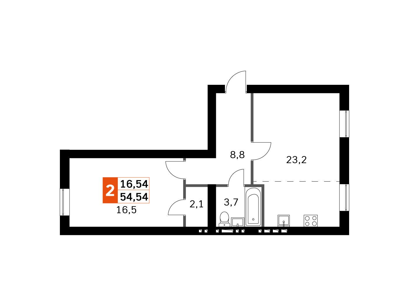 Планировка: 1-комн. квартира 53.50 м² в новостройке Парк Апрель
