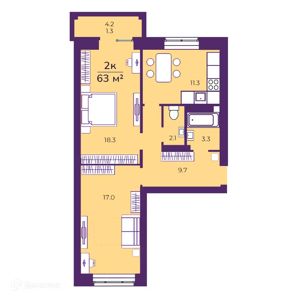 Планировка: 2-комн. квартира 62.96 м² в новостройке Квартал 33