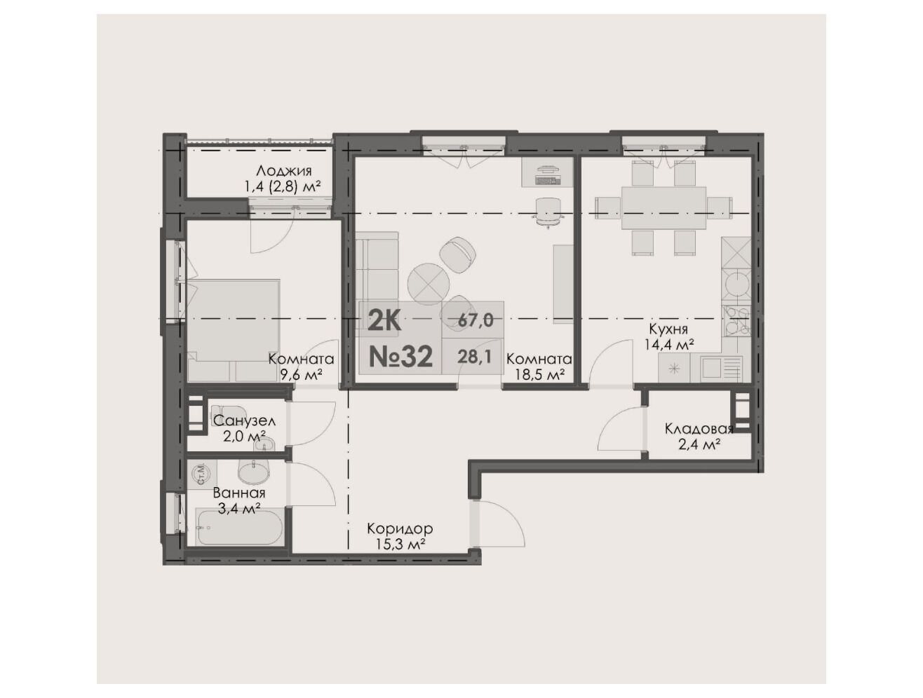 Планировка: 2-комн. квартира 67.00 м² в новостройке На Большом Смоленском