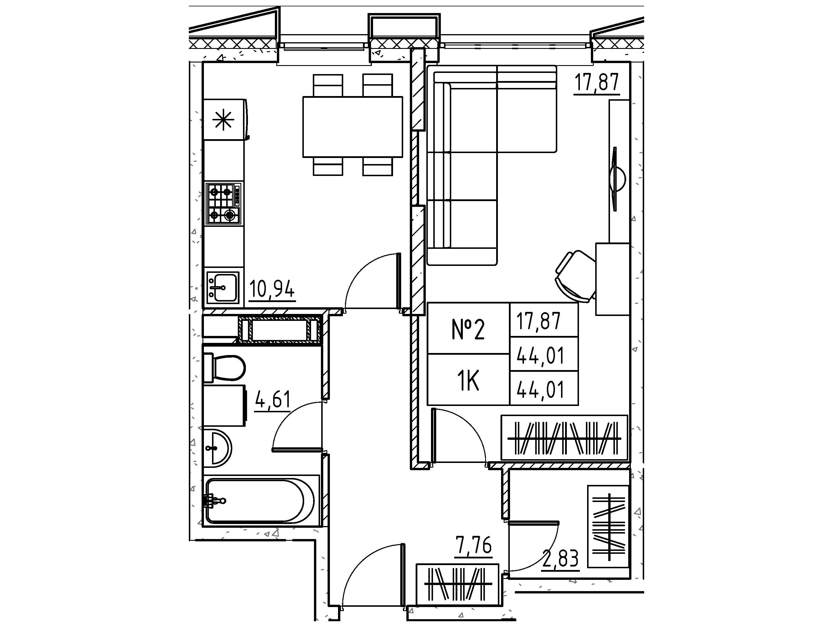 Планировка: Студия 44.01 м² в новостройке Бруно