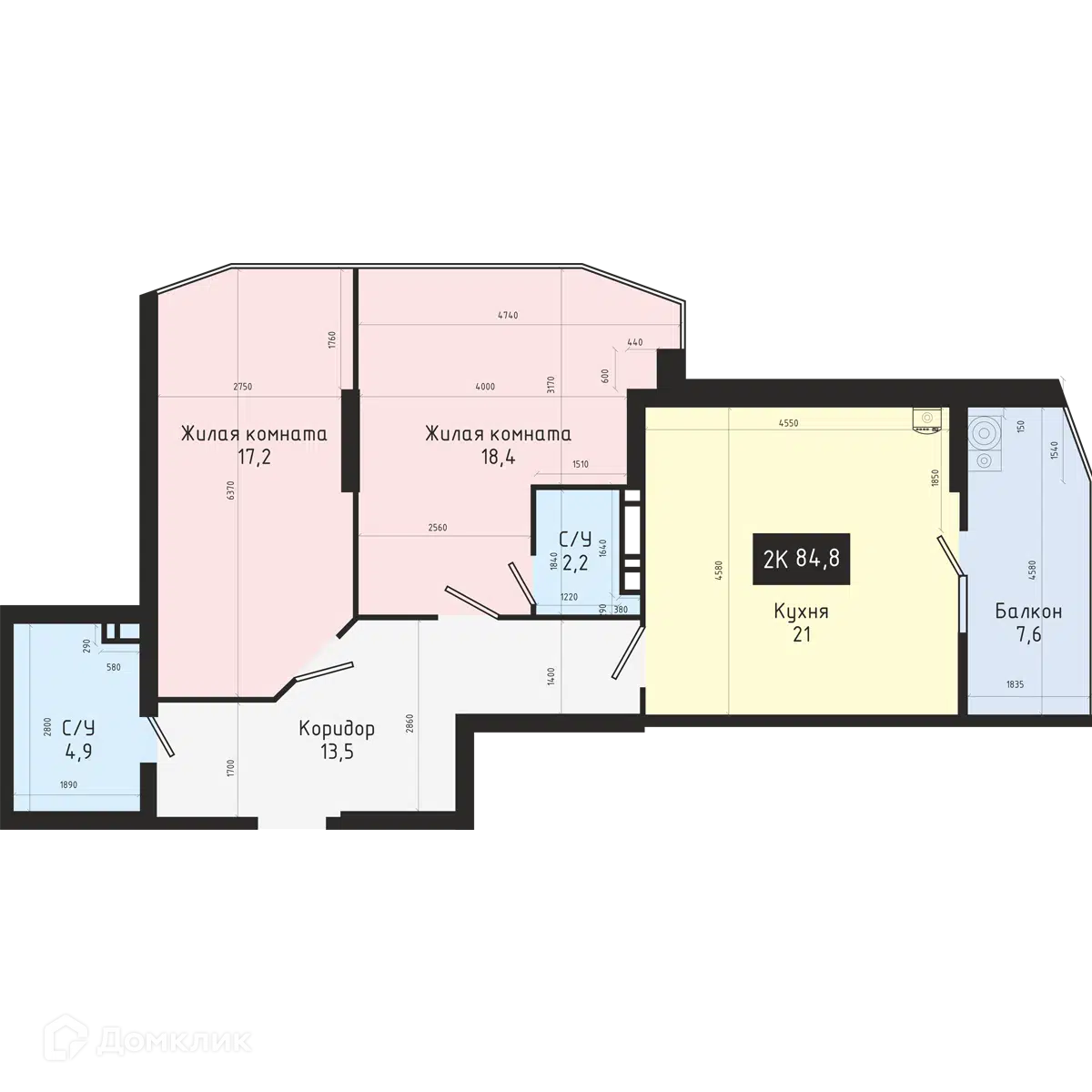 Планировка: 2-комн. квартира 84.00 м² в новостройке Доваторцев 42Б