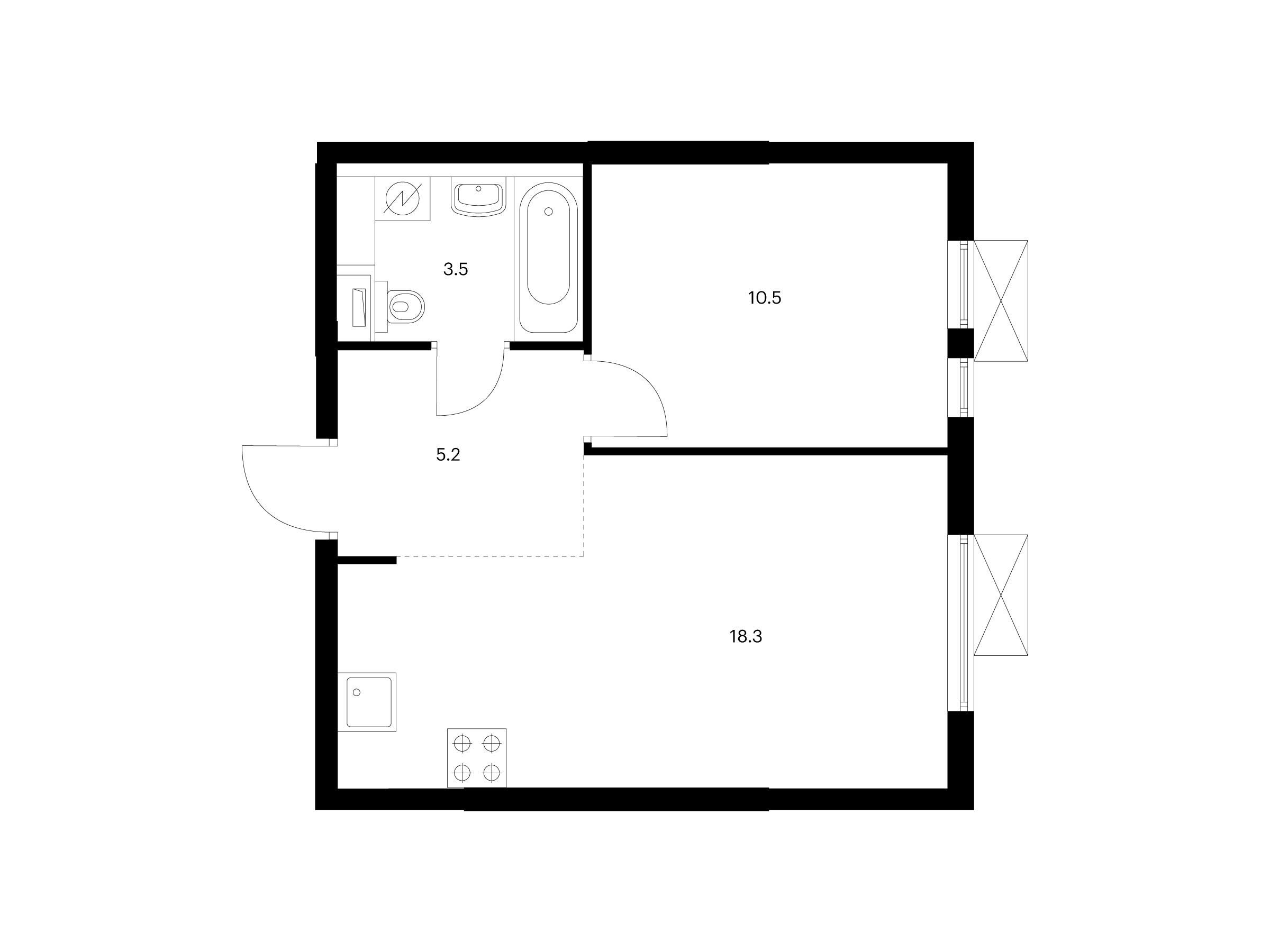 Планировка: 1-комн. квартира 37.50 м² в новостройке Кузьминский лес