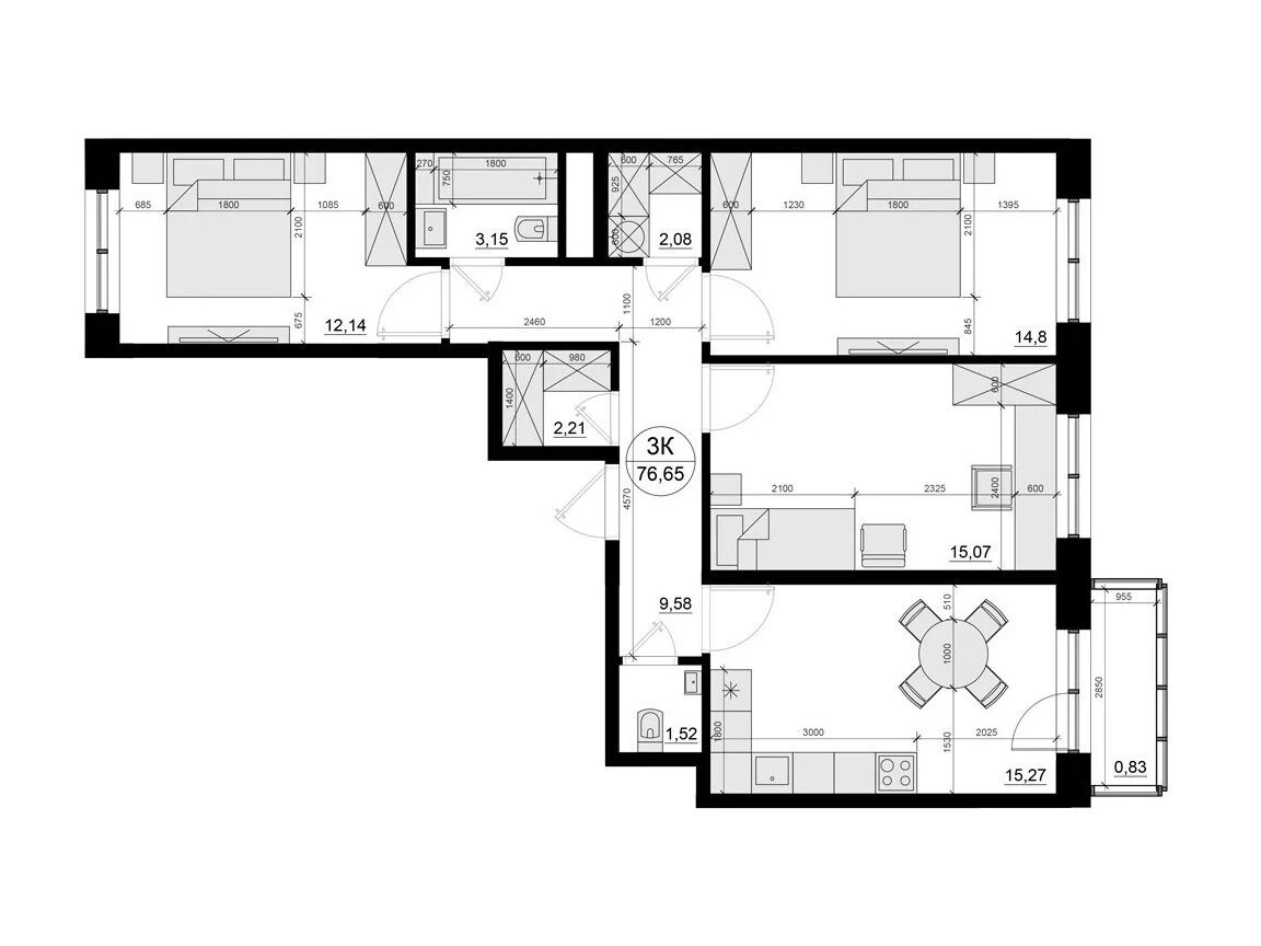 Планировка: 3-комн. квартира 76.65 м² в новостройке Олива