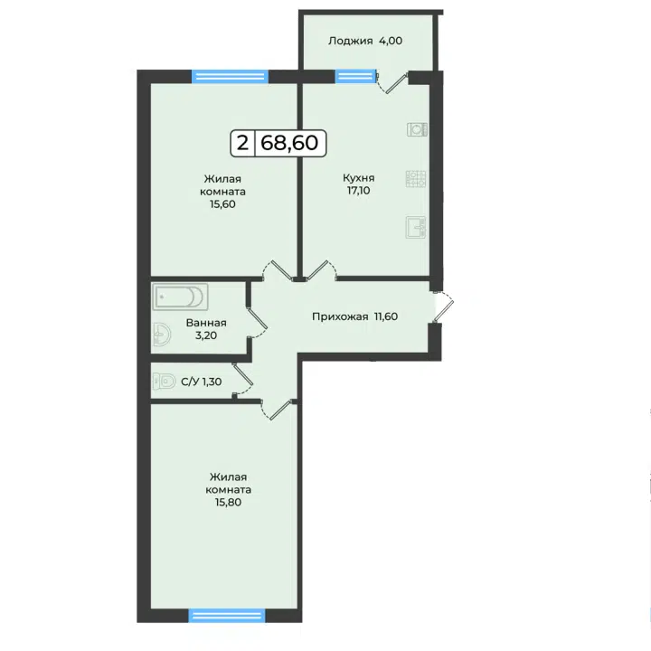 Планировка: 2-комн. квартира 68.60 м² в новостройке Европейский 5