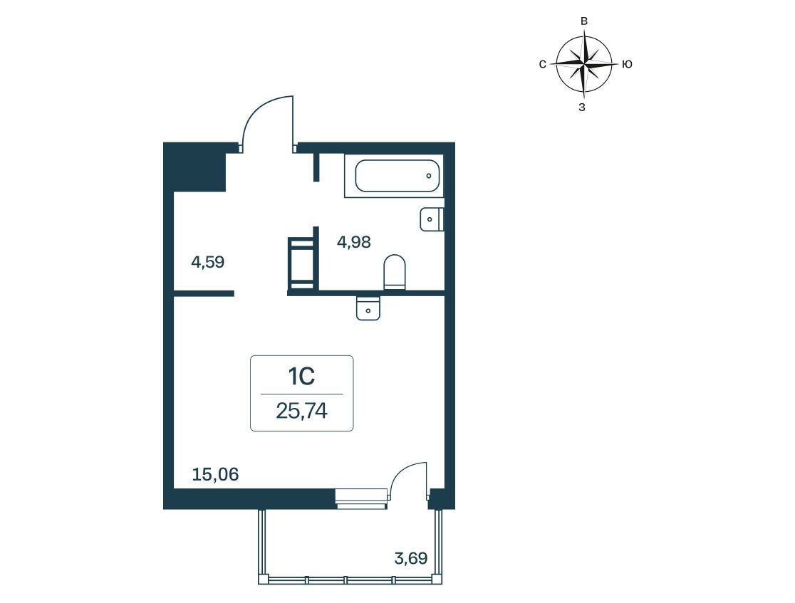Планировка: Студия 25.60 м² в новостройке ЖК Расцветай в Янино