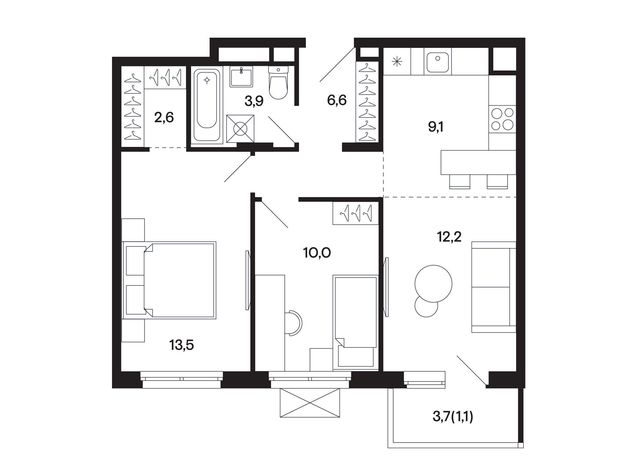 Планировка: 2-комн. квартира 59.01 м² в новостройке Базаева 11