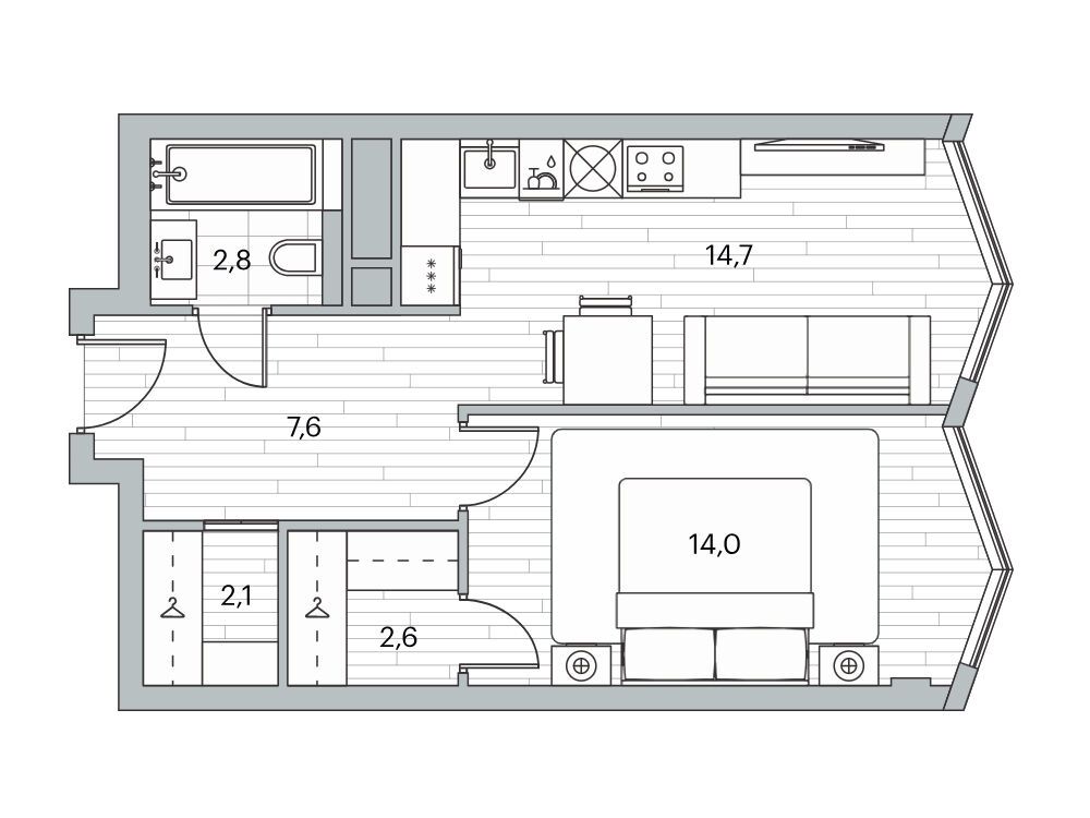 Планировка: 1-комн. квартира 43.70 м² в новостройке Береговой-2