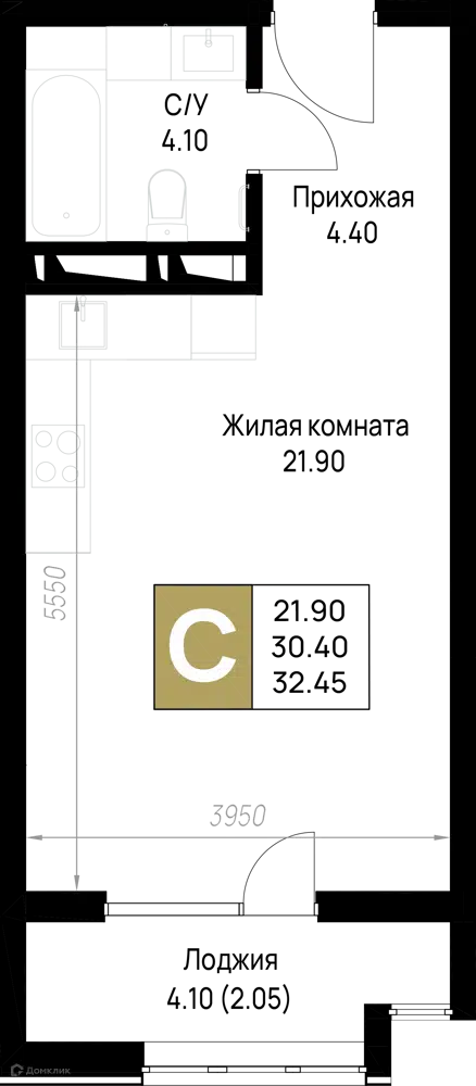 Планировка: Студия 32.45 м² в новостройке На Высоком берегу