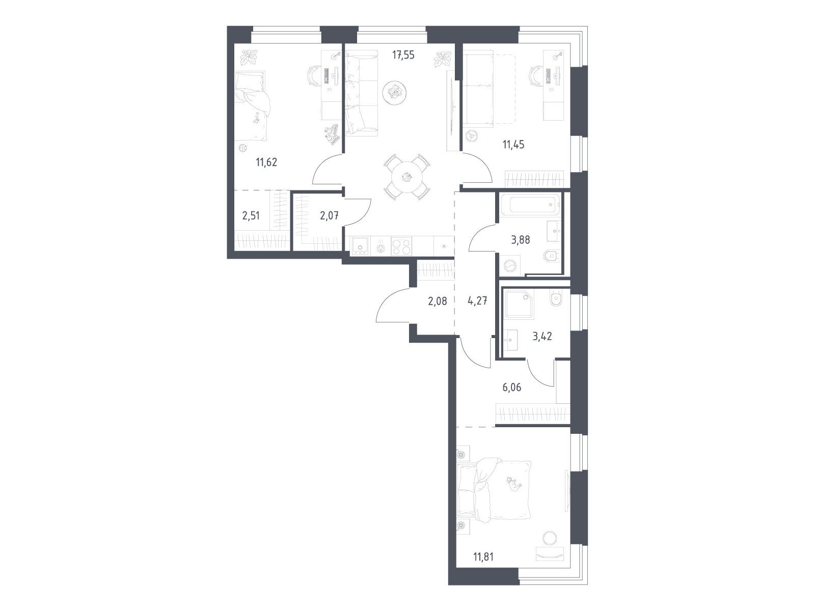 Планировка: 3-комн. квартира 76.72 м² в новостройке Литературный Квартал