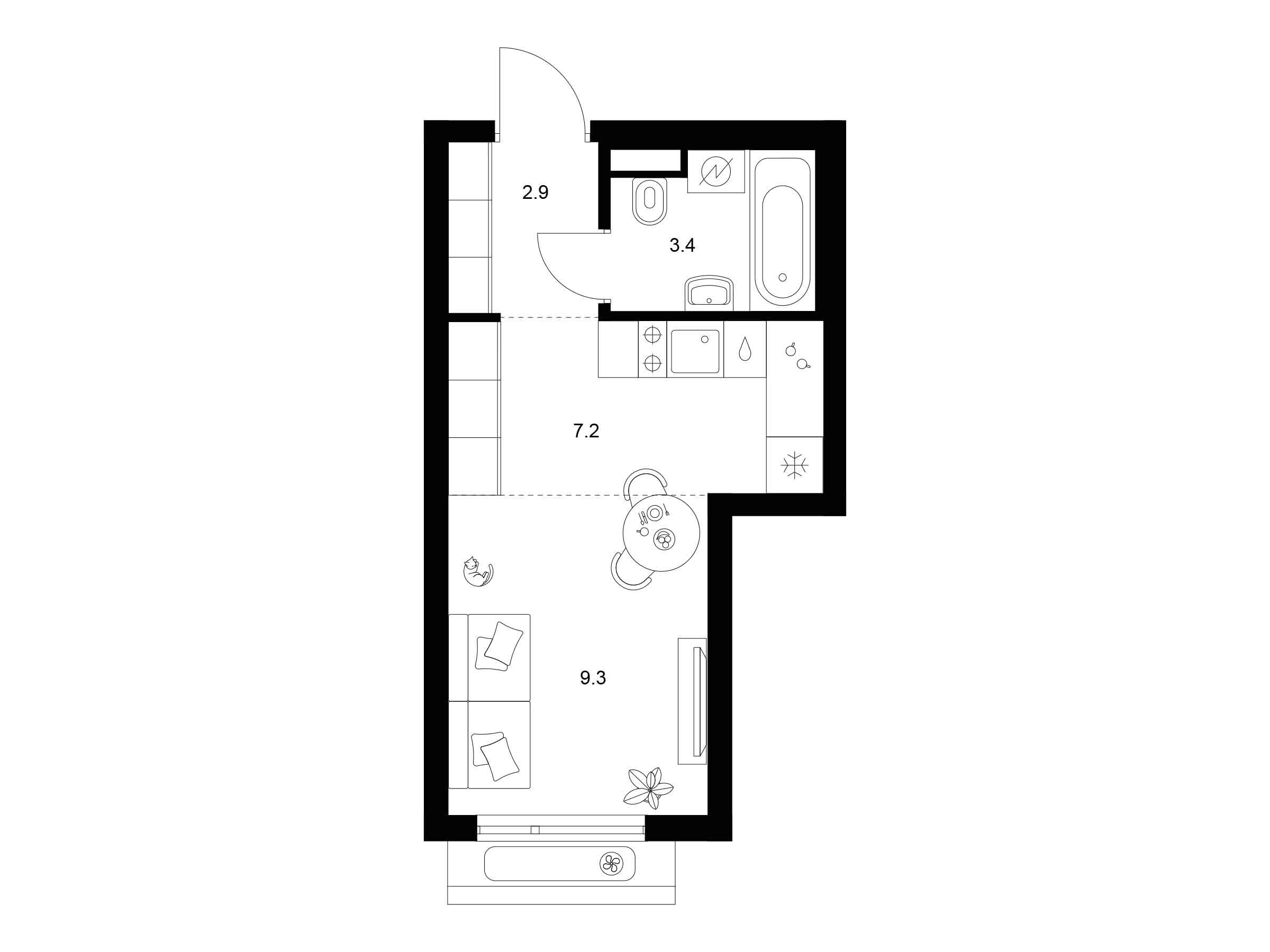 Планировка: Студия 22.80 м² в новостройке Амурский парк