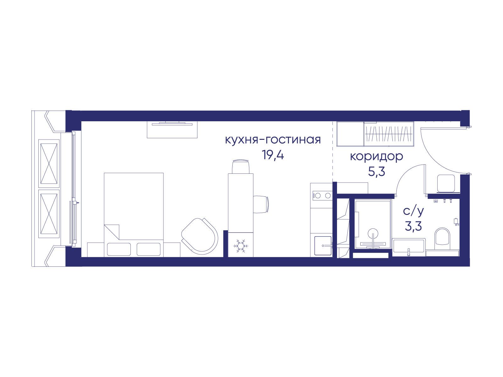 Планировка: Студия 28.00 м² в новостройке Остров