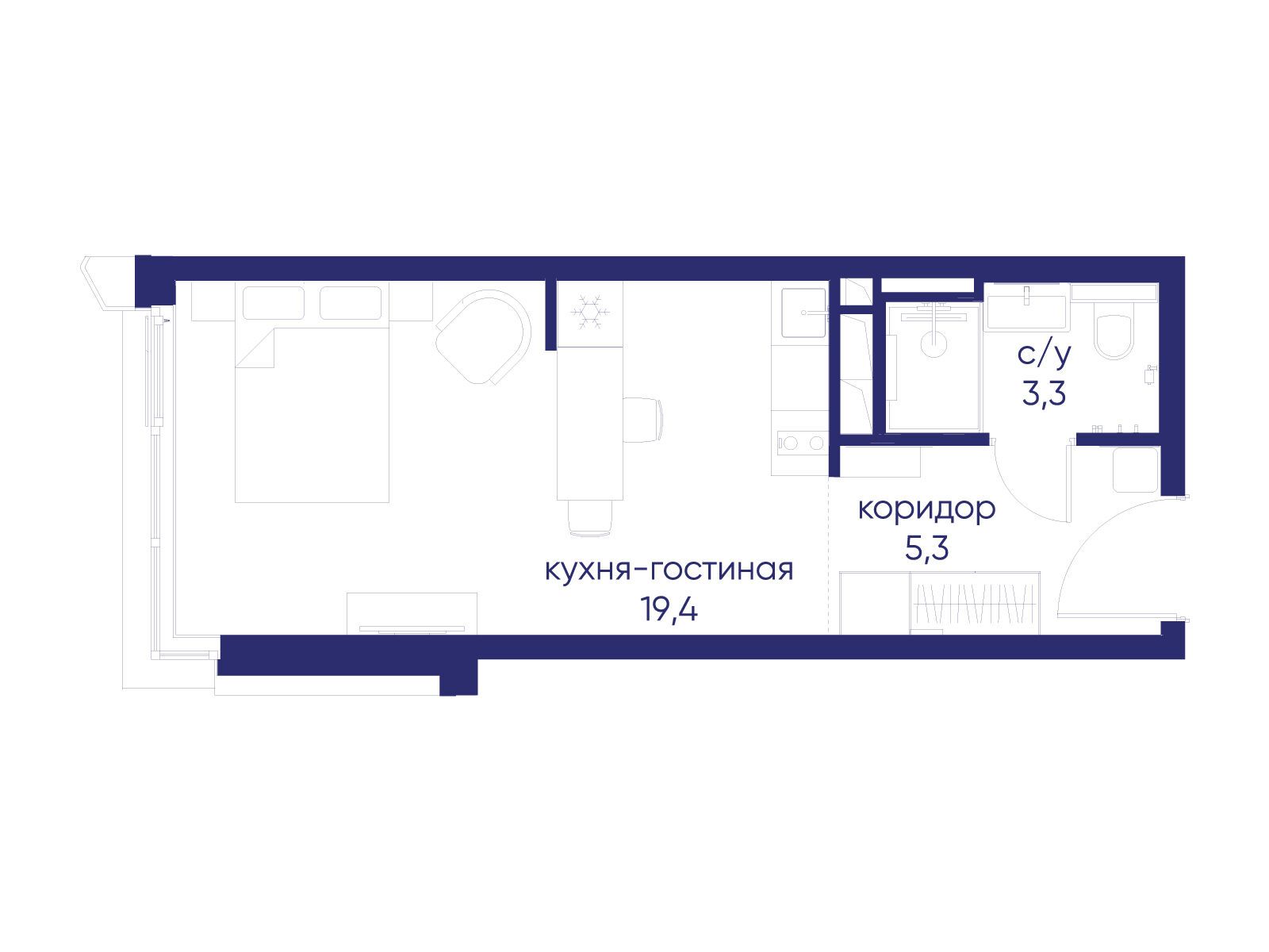 Планировка: Студия 28.00 м² в новостройке Остров