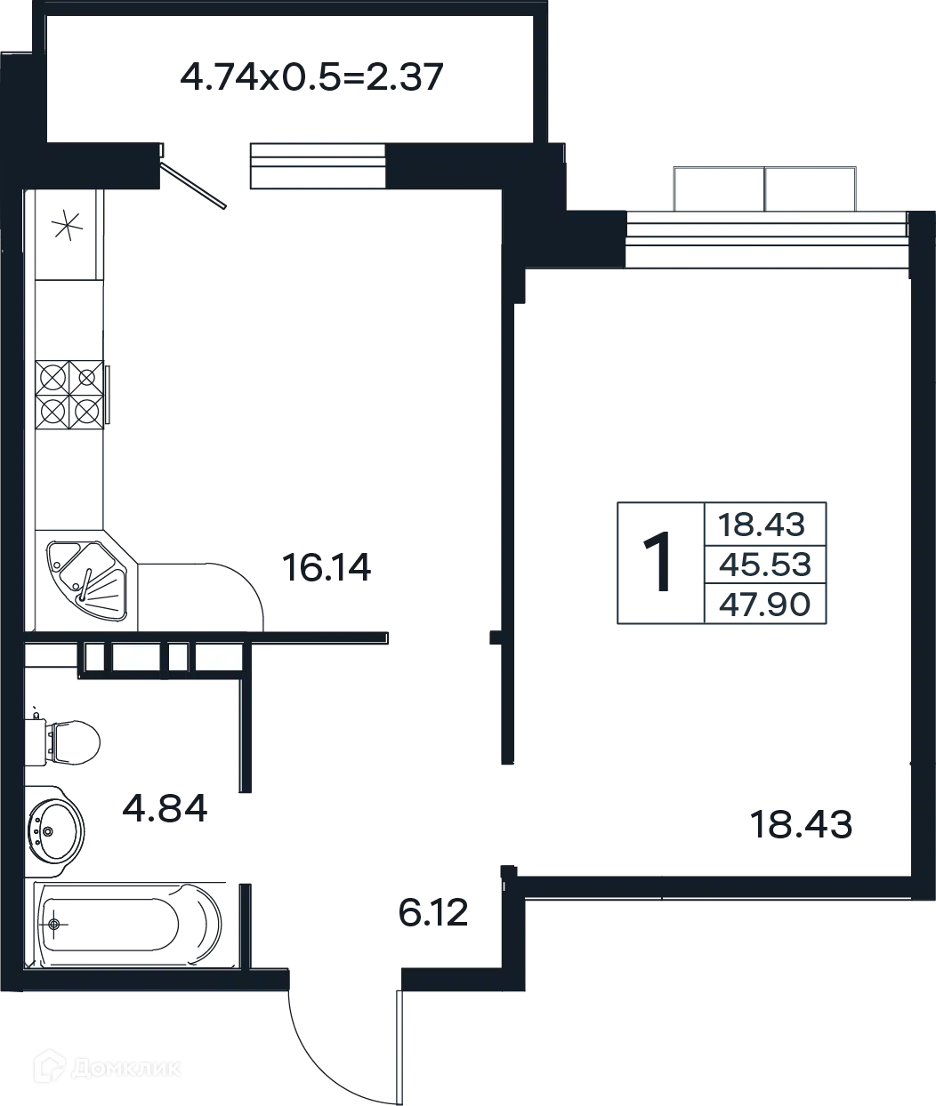 Планировка: 1-комн. квартира 47.90 м² в новостройке Эндемик