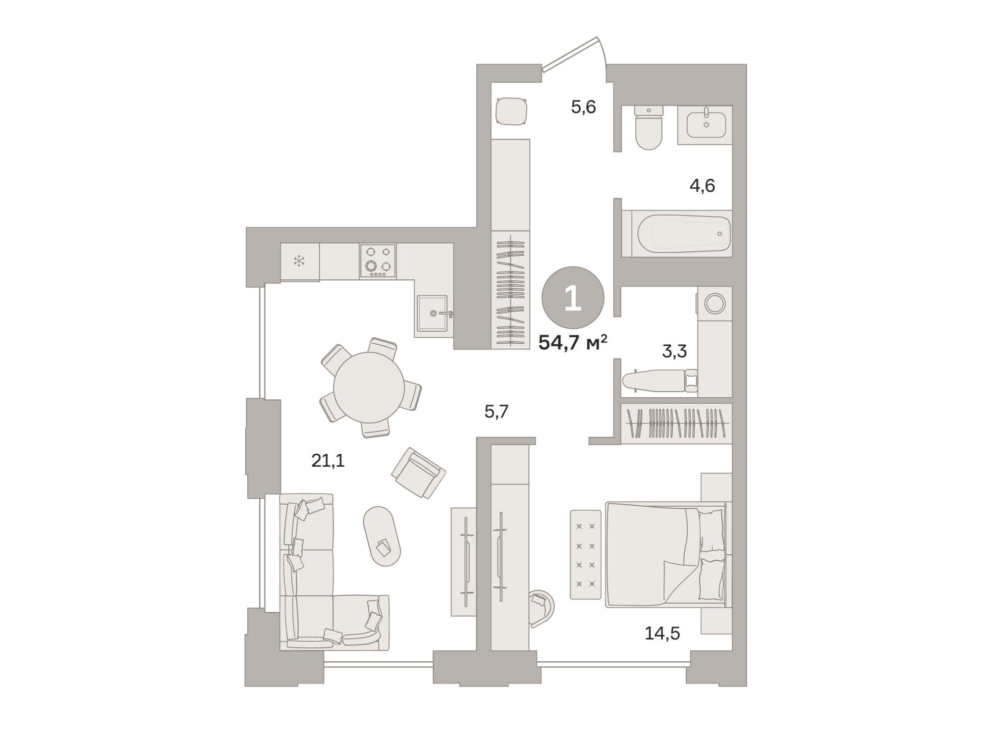 Планировка: 1-комн. квартира 54.70 м² в новостройке Монс