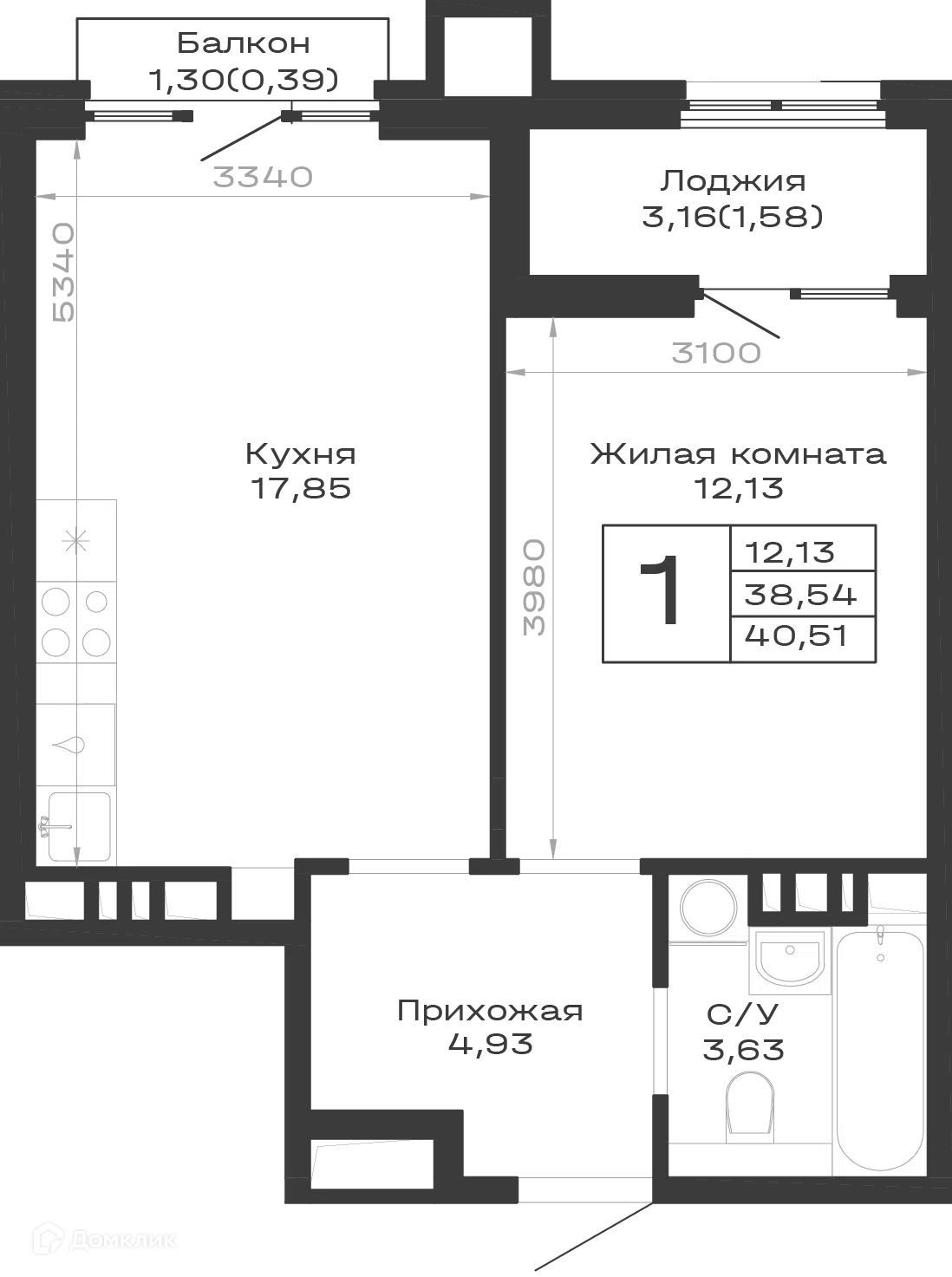 Планировка: 1-комн. квартира 40.51 м² в новостройке Суворов