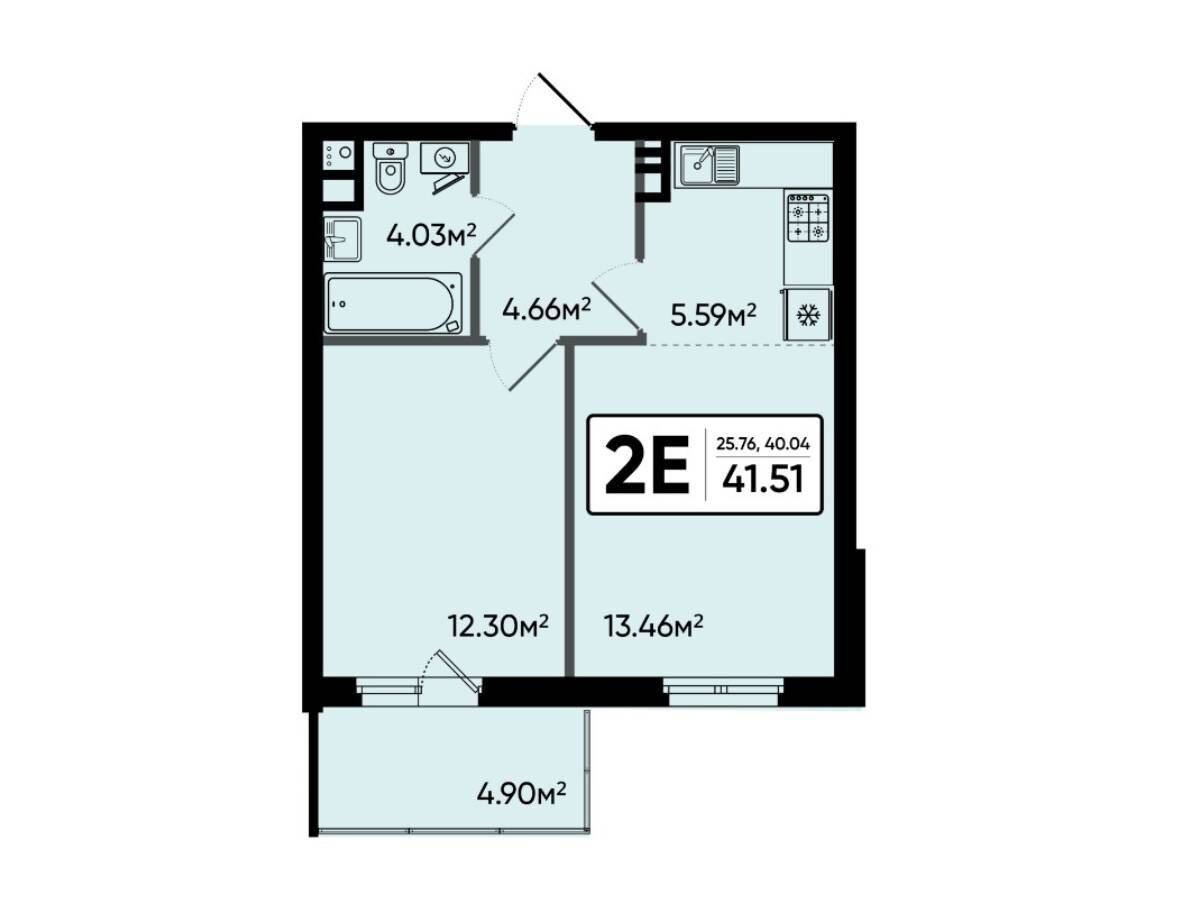Планировка: 2-комн. квартира 41.51 м² в новостройке Северный Квартал