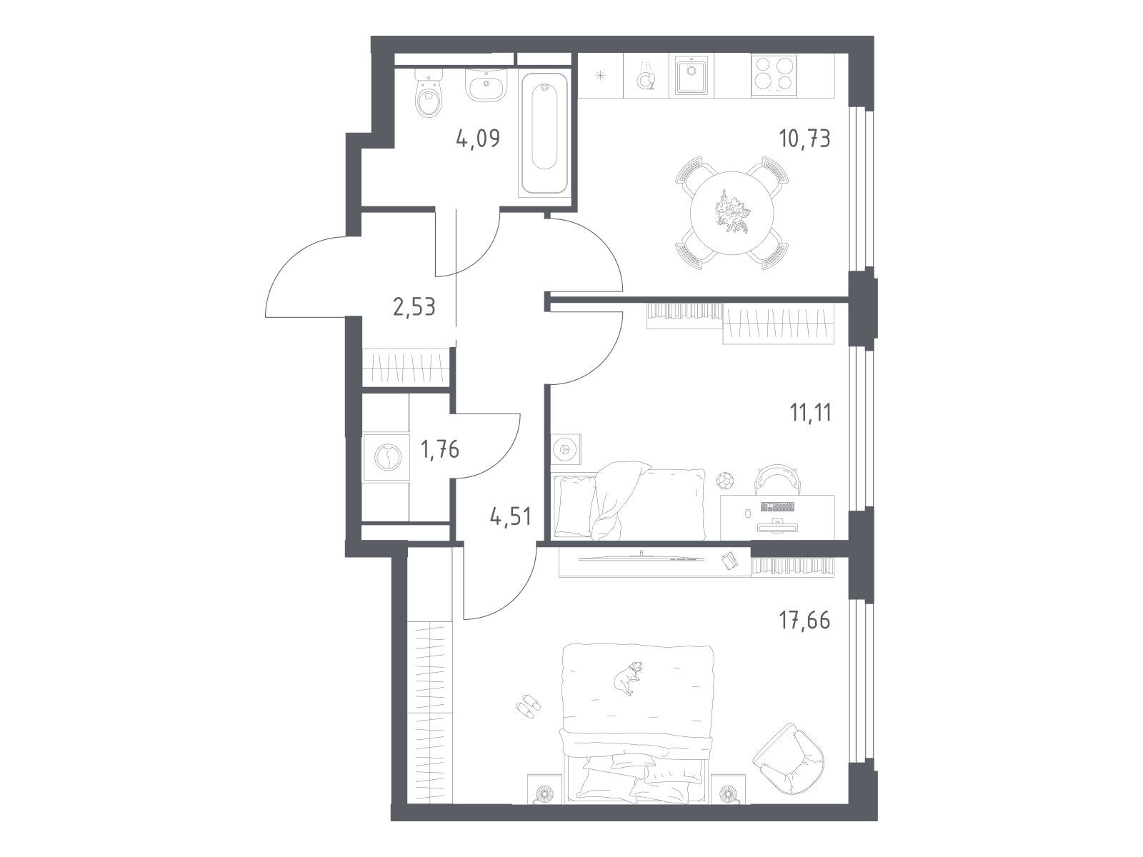 Планировка: 2-комн. квартира 52.39 м² в новостройке Космический квартал