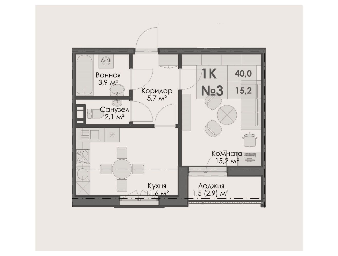 Планировка: 1-комн. квартира 40.00 м² в новостройке На Большом Смоленском