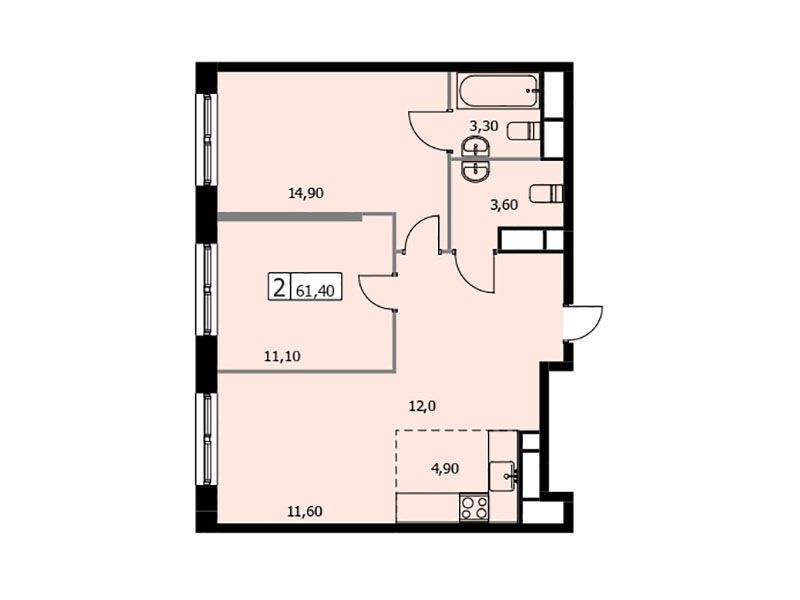 Планировка: 2-комн. квартира 61.40 м² в новостройке Селф