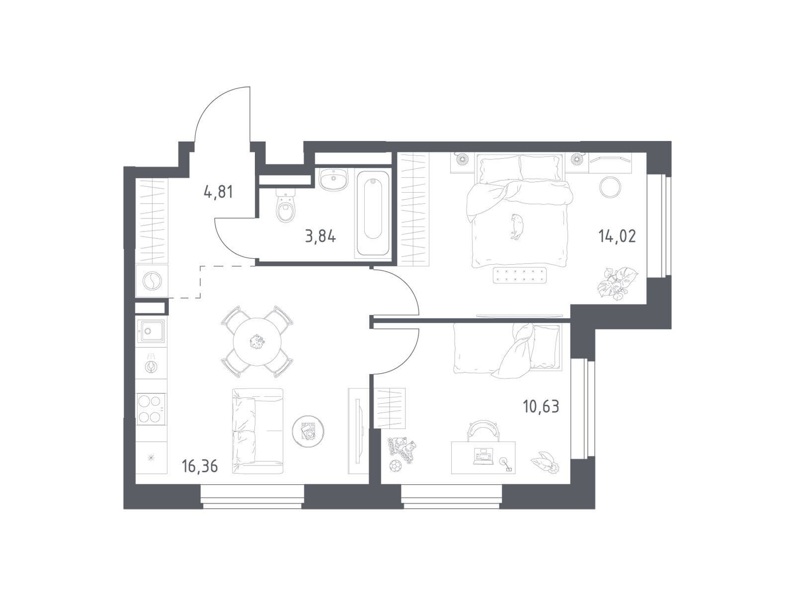 Планировка: 2-комн. квартира 49.66 м² в новостройке Большое Юрлово