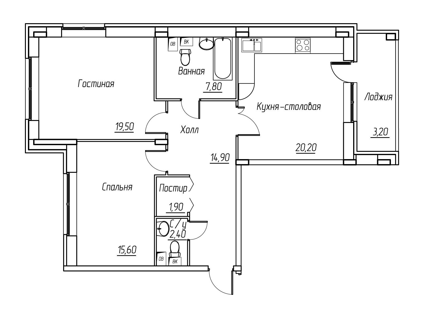 Планировка: 2-комн. квартира 84.50 м² в новостройке Ангелово-Резиденц
